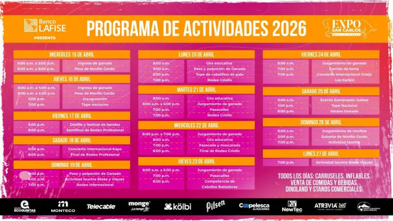 Que hacer hoy en Costa Rica: Feria con rodeos, conciertos, actividades ganaderas y entretenimiento para toda la familia en San Carlos.