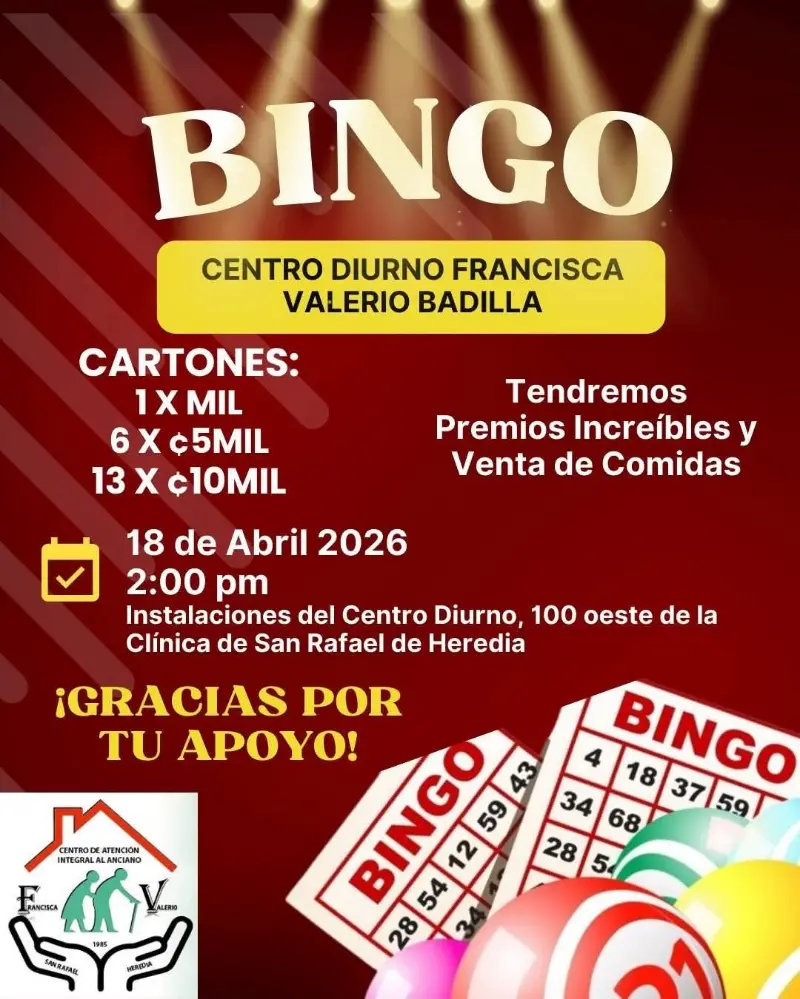 Que hacer hoy en Costa Rica: Participá en un bingo benéfico con premios en efectivo, electrodomésticos y más en Heredia.