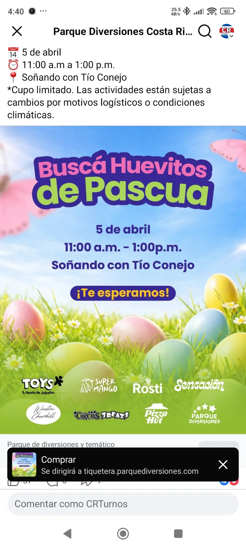 Que hacer hoy en Costa Rica: Actividad familiar de Pascua con búsqueda de huevitos y diversión para niños en Parque Diversiones.