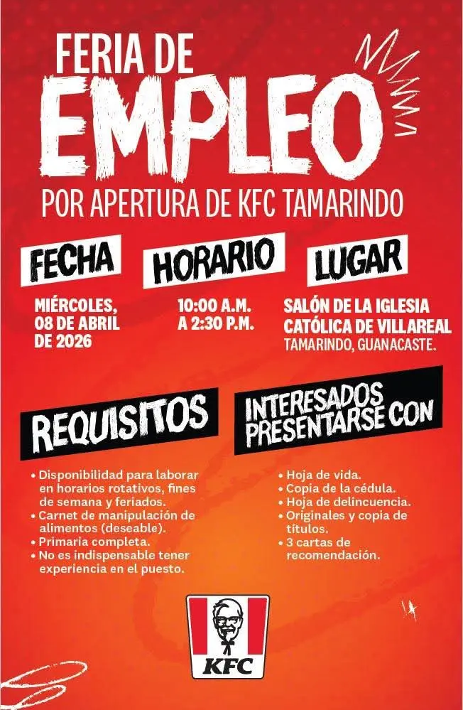 Que hacer hoy en Costa Rica: Feria de empleo de KFC en Tamarindo para nuevos puestos laborales, abierta a personas con o sin experiencia.