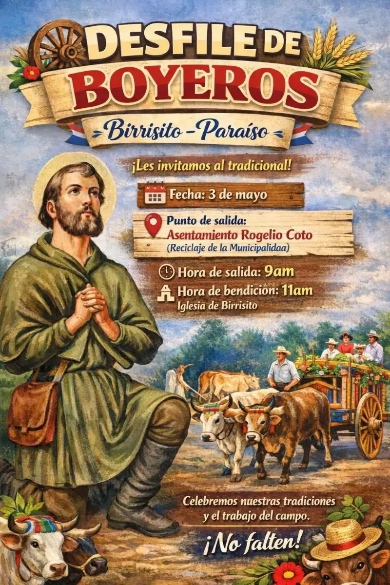 Que hacer hoy en Costa Rica: Disfrutá del tradicional desfile de boyeros en Birrisito con salida, bendición y celebración de nuestras raíces.