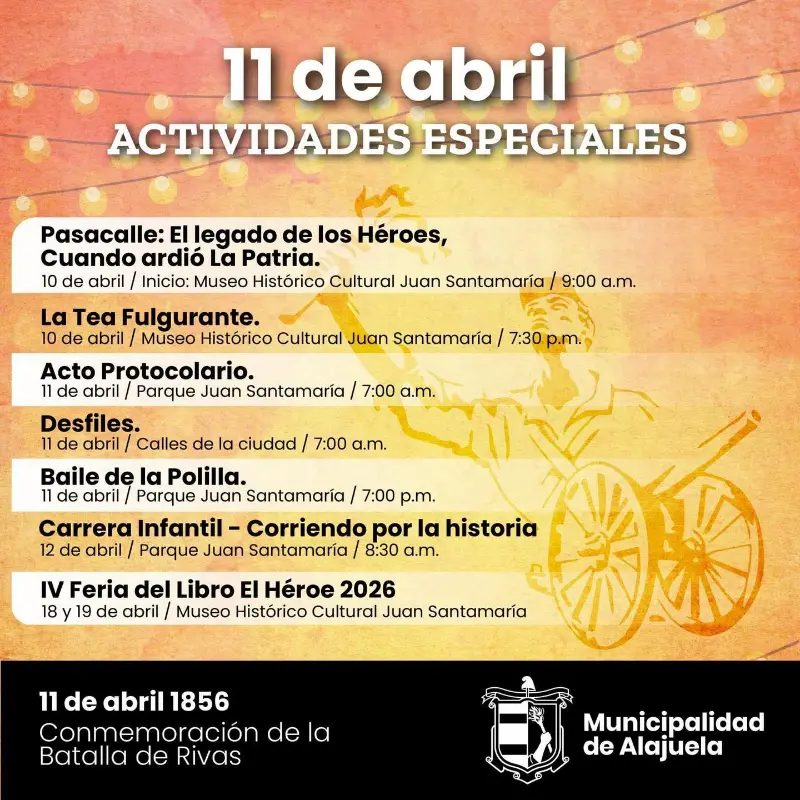 Celebración del 11 de abril con desfiles, actos cívicos, baile y actividades culturales en Alajuela.