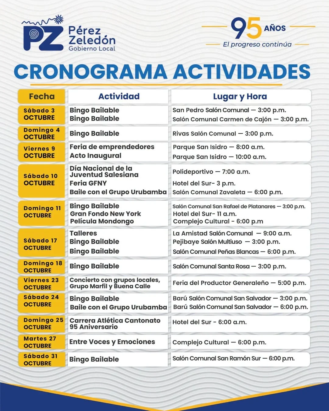 Disfruta de música, cultura y deporte en la celebración de los 95 años de Pérez Zeledón con actividades para toda la comunidad.