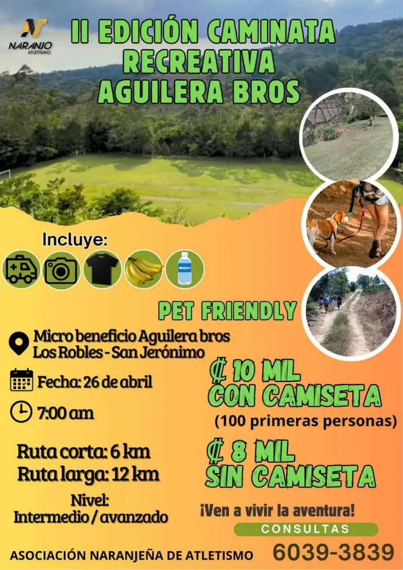 Que hacer hoy en Costa Rica: Caminata recreativa pet friendly con rutas de 6 km y 12 km en San Jerónimo de Naranjo.