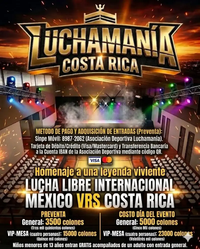 Evento internacional de lucha libre con enfrentamiento Costa Rica vs México y homenaje a una leyenda viviente.