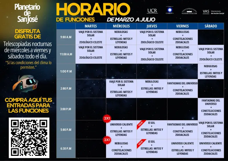 Que hacer hoy en Costa Rica: Funciones del planetario y telescopiadas gratuitas en la UCR con experiencias astronómicas para toda la familia.