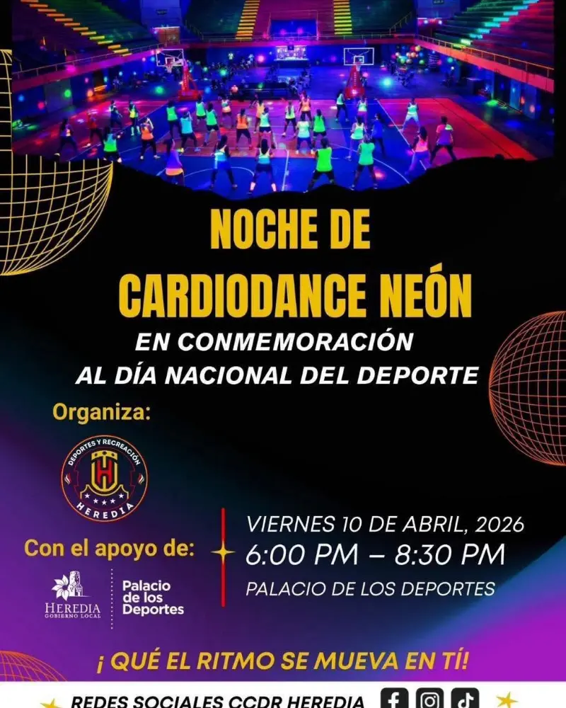 Evento gratuito de cardiodance neón para celebrar el Día Nacional del Deporte en Heredia.