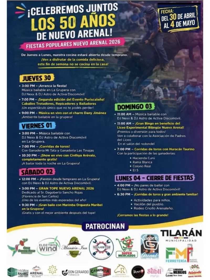 Que hacer hoy en Costa Rica: Celebración de los 50 años de Nuevo Arenal con toros, música, tope, bingo y actividades familiares.