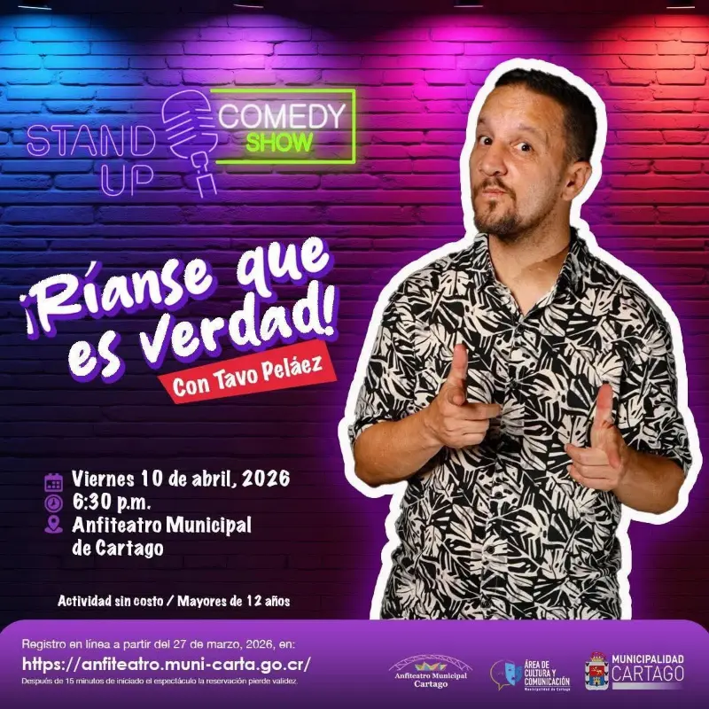 Show de comedia stand up gratuito con Tavo Peláez en el Anfiteatro Municipal de Cartago.