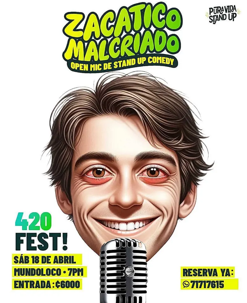 Que hacer hoy en Costa Rica: Open Mic de stand up comedy edición 420 Fest con comedia en vivo, buen ambiente y risas aseguradas.