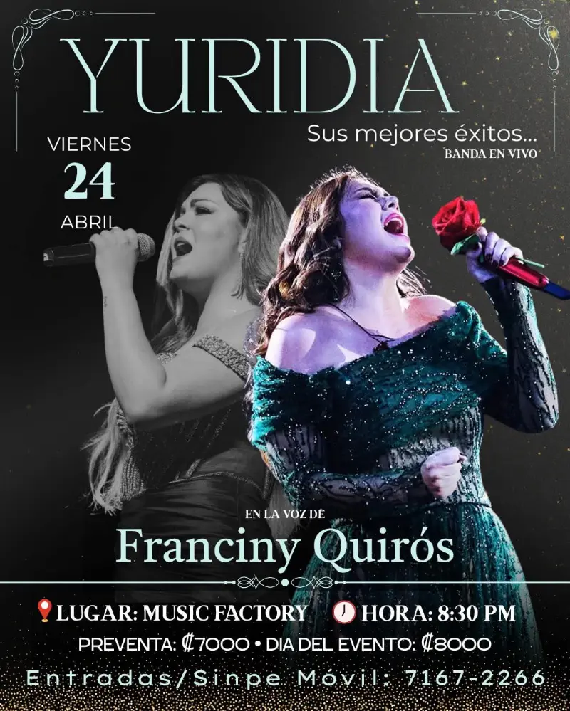 Que hacer hoy en Costa Rica: Show especial con los mejores éxitos de Yuridia en vivo con banda este 24 de abril.