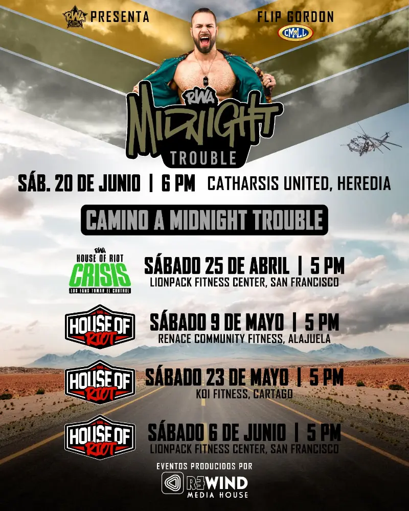Que hacer hoy en Costa Rica: Viví la ruta de eventos de lucha libre rumbo a Midnight Trouble con paradas en varias ciudades.