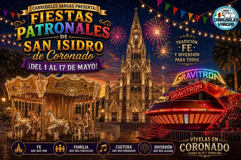 Que hacer hoy en Costa Rica: Disfrutá las Fiestas Patronales de San Isidro con juegos mecánicos, gastronomía y tradición en Coronado.