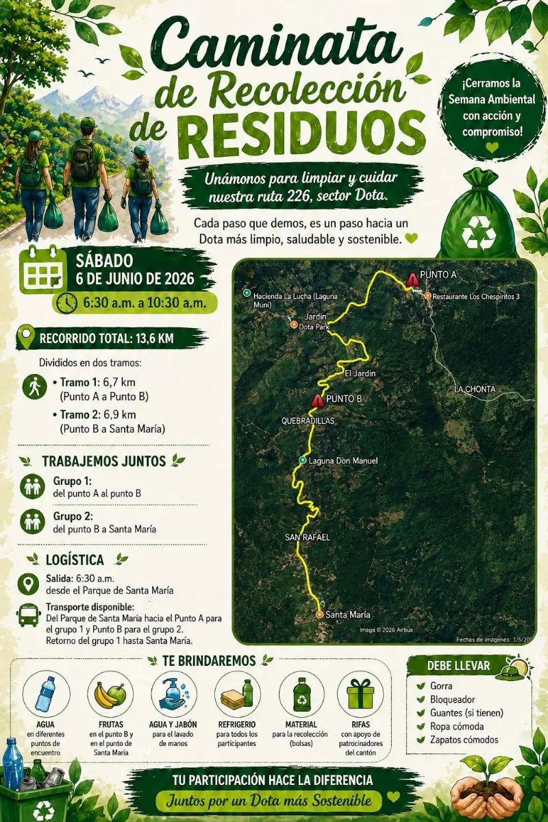 Que hacer hoy en Costa Rica: Sumate a una caminata ecológica para limpiar la ruta 226 en Dota y cuidar el ambiente.