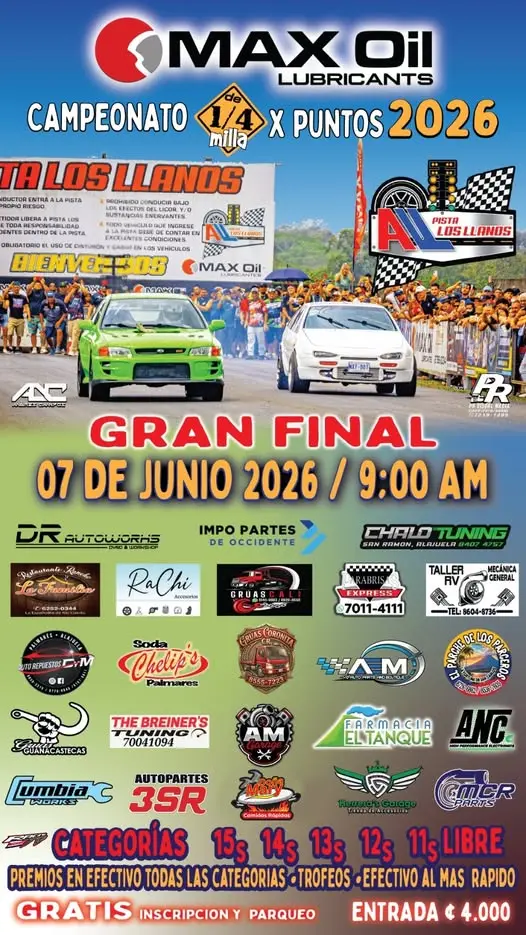 Que hacer hoy en Costa Rica: Viví la gran final del Campeonato 1/4 de Milla 2026 con emoción, velocidad y categorías para todos los amantes del automovilismo.