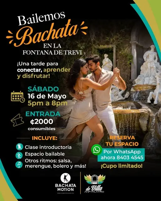 Que hacer hoy en Costa Rica: Disfrutá una tarde de bachata, salsa y baile social en la Fontana de Trevi con clase introductoria incluida.