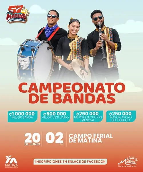 Que hacer hoy en Costa Rica: Matina celebra su 57 aniversario con un espectacular Campeonato Nacional de Bandas y premios millonarios.