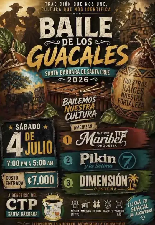 Que hacer hoy en Costa Rica: Viví una noche llena de tradición, música y cultura guanacasteca en el Baile de los Guacales 2026 en Santa Bárbara de Santa Cruz.
