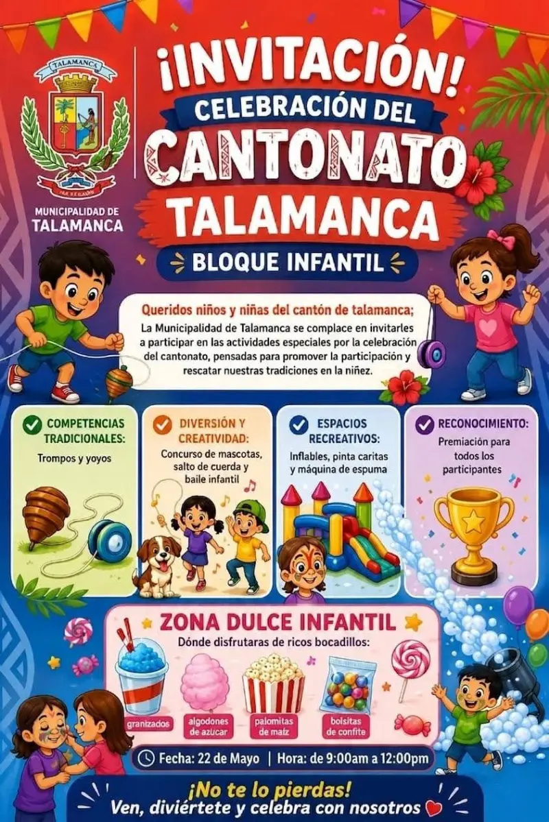 Que hacer hoy en Costa Rica: Niños y niñas disfrutarán de juegos, inflables, concursos y actividades recreativas durante la celebración del Cantonato de Talamanca.