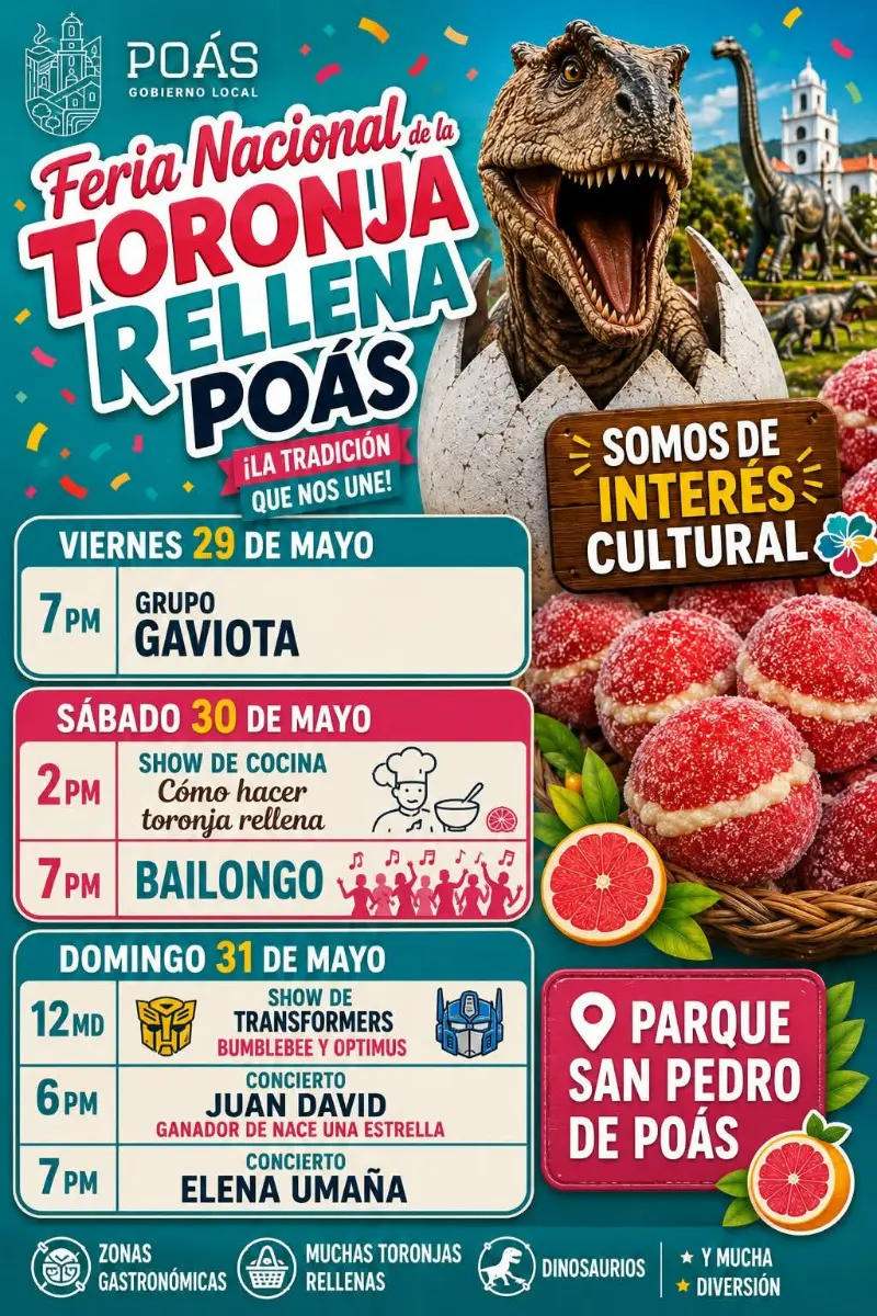 Que hacer hoy en Costa Rica: Disfrutá de la tradicional Feria Nacional de la Toronja Rellena con conciertos, bailongo, show de cocina, Transformers y actividades familiares en Poás.