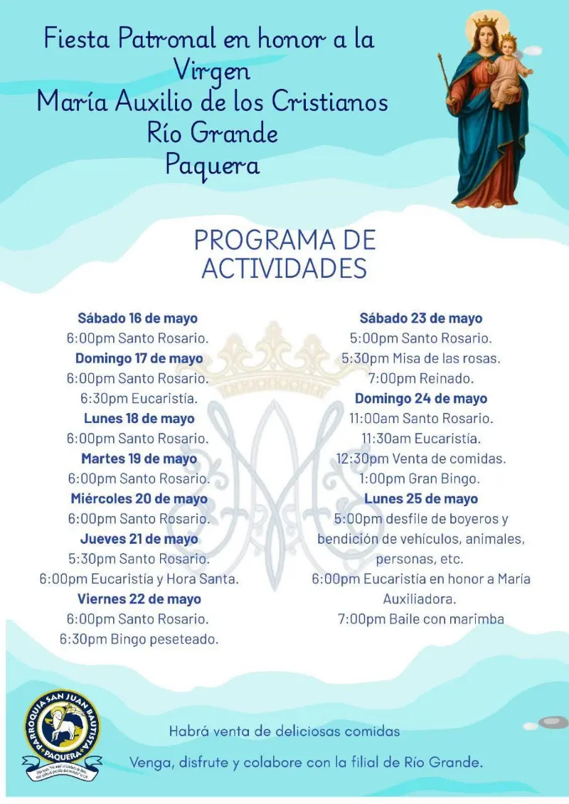 Que hacer hoy en Costa Rica: Celebrá las fiestas patronales de Río Grande de Paquera con rosarios, eucaristías, bingo, desfile de boyeros, baile con marimba y actividades familiares.
