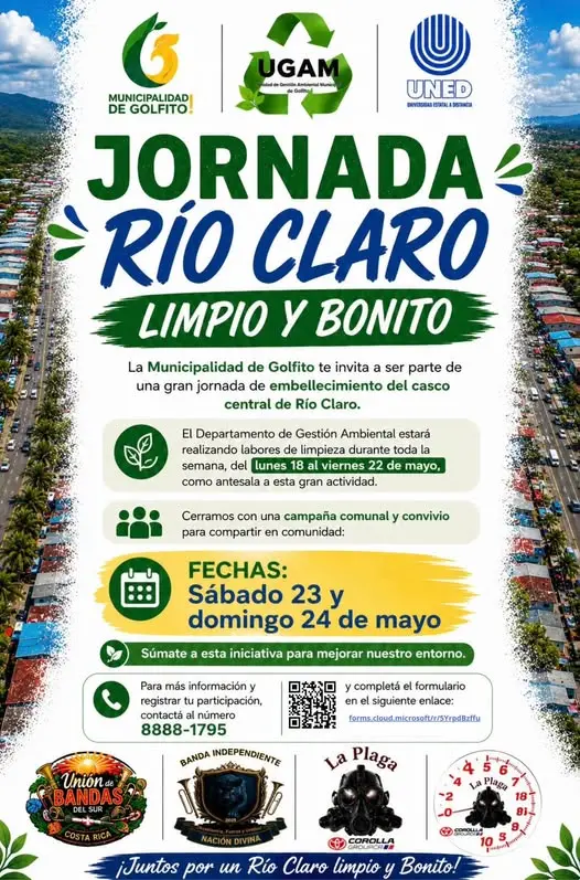 Que hacer hoy en Costa Rica: Participá en la jornada comunal de limpieza y embellecimiento de Río Claro organizada por la Municipalidad de Golfito y organizaciones aliadas.