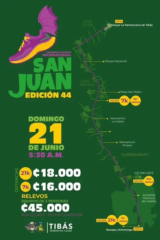 Que hacer hoy en Costa Rica: Participá en la edición 44 de la tradicional Carrera Clásica San Juan con distancias de 21K, 7K y relevos en Tibás.