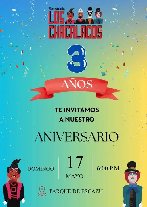 Que hacer hoy en Costa Rica: Celebrá el tercer aniversario de Mascaradas Los Chacalacos con música, tradición y mucha alegría en el Parque de Escazú.