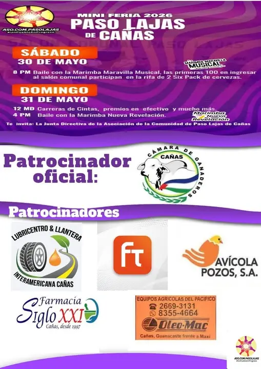 Que hacer hoy en Costa Rica: Disfrutá carreras de cintas, marimba y actividades tradicionales en la Mini Feria Paso Lajas de Cañas este 30 y 31 de mayo.