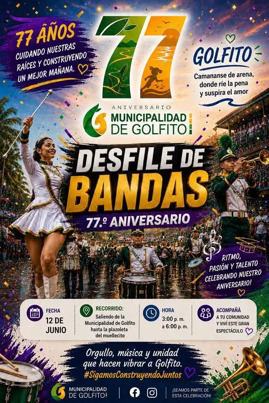 Que hacer hoy en Costa Rica: Golfito celebrará su 77° aniversario con un gran desfile de bandas lleno de música, talento y tradición.