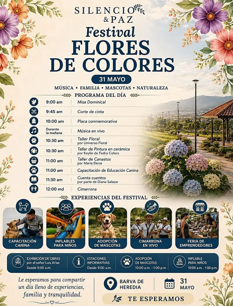 Que hacer hoy en Costa Rica: El Festival Flores de Colores celebrará la inauguración de la tercera etapa de Camposanto Silencio y Paz con música, talleres, mascotas y actividades familiares.