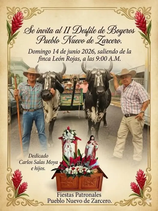 Que hacer hoy en Costa Rica: El tradicional Desfile de Boyeros de Pueblo Nuevo de Zarcero regresa como parte de las Fiestas Patronales, celebrando las raíces y tradiciones costarricenses.