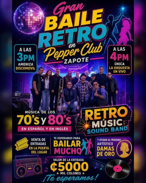 Que hacer hoy en Costa Rica: Tarde bailable con música de los años 70 y 80 en español e inglés, interpretada completamente en vivo por Retro Music Sound Band.