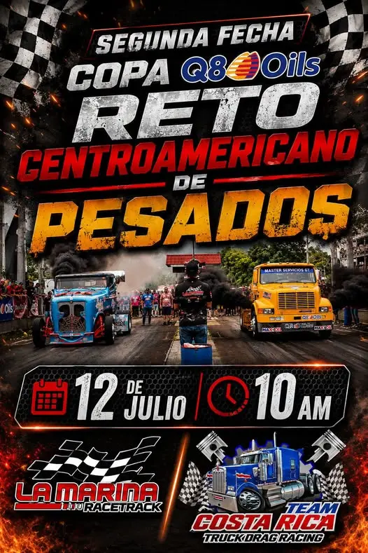 Que hacer hoy en Costa Rica: Los camiones más poderosos de Centroamérica competirán en la Segunda Fecha de la Copa Q8Oils con un espectáculo lleno de velocidad, potencia y adrenalina para toda la familia.