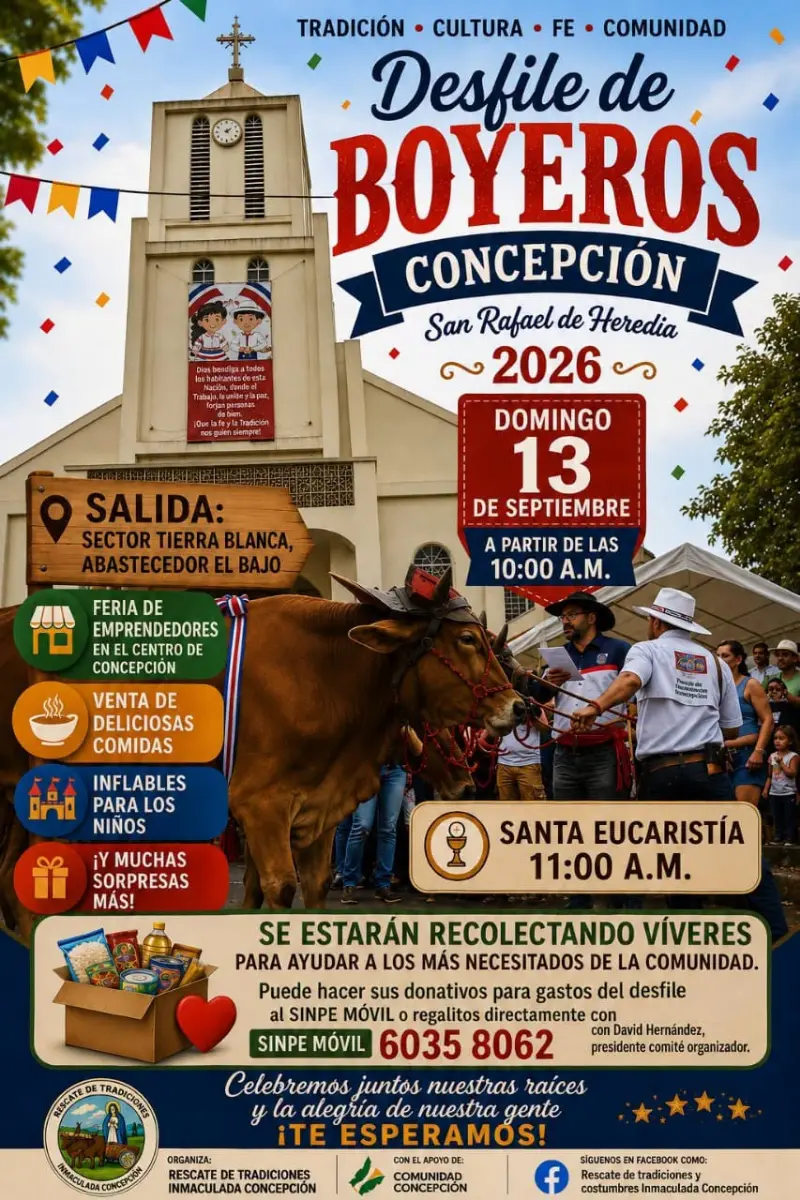 Que hacer hoy en Costa Rica: Celebre las tradiciones costarricenses en el Desfile de Boyeros de Concepción con feria de emprendedores, comidas típicas, actividades familiares y recolección de víveres para la comunidad.