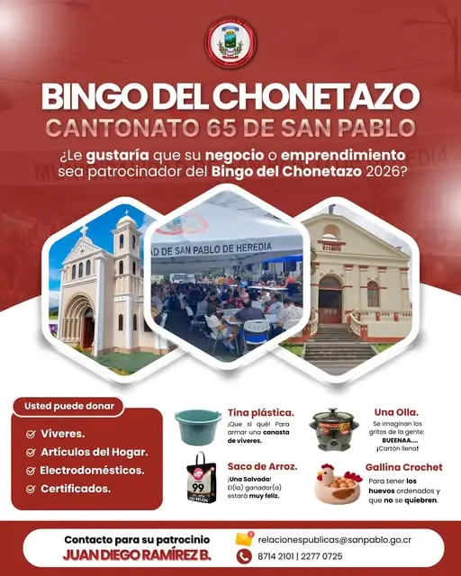 Que hacer hoy en Costa Rica: Celebración del 65° aniversario del cantonato de San Pablo de Heredia con la tercera edición del Mega Bingo del Chonetazo, una actividad gratuita para toda la comunidad.