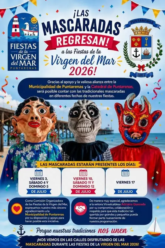 Que hacer hoy en Costa Rica: Las tradicionales mascaradas regresan a las Fiestas de la Virgen del Mar para llenar de alegría, cultura y tradición las calles de Puntarenas.