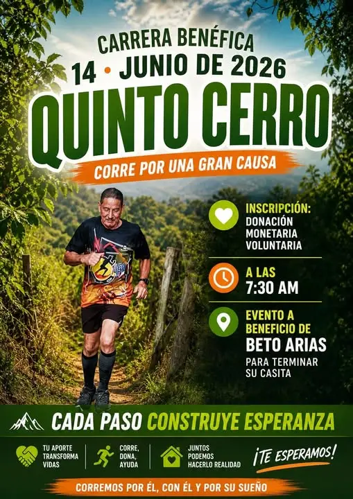 Que hacer hoy en Costa Rica: Participe en la Carrera Benéfica Quinto Cerro 2026 y ayude a cumplir el sueño de Beto Arias de terminar su casita. Una actividad solidaria donde cada paso construye esperanza.