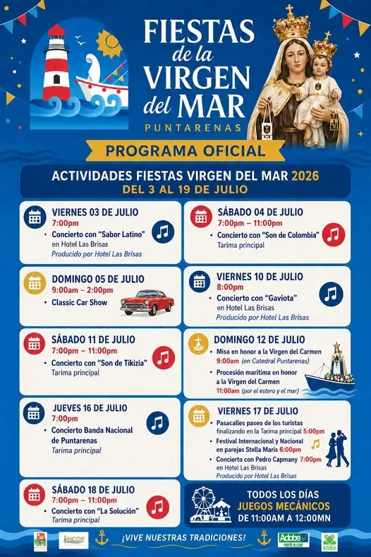 Que hacer hoy en Costa Rica: Disfrute de los espectaculares juegos mecánicos de Diversiones Stop durante las Fiestas de la Virgen del Mar 2026. Diversión para toda la familia del 3 al 19 de julio.