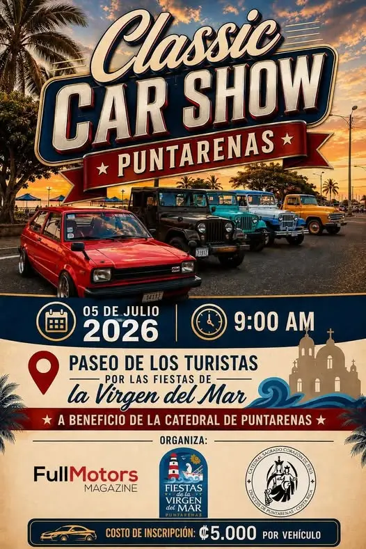 Que hacer hoy en Costa Rica: Disfrute de una exhibición de vehículos clásicos en el Classic Car Show Puntarenas 2026, una actividad especial de las Fiestas de la Virgen del Mar a beneficio de la Catedral de Puntarenas.