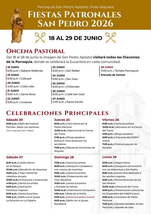 Que hacer hoy en Costa Rica: La comunidad de Poás celebra las Fiestas Patronales en honor a San Pedro Apóstol con actividades religiosas, culturales, gastronómicas y recreativas para toda la familia.