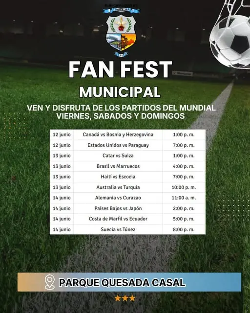 Que hacer hoy en Costa Rica: Disfruta en pantalla gigante de los partidos del Mundial 2026 durante el Fan Fest Municipal en el Parque Quesada Casal de Turrialba.
