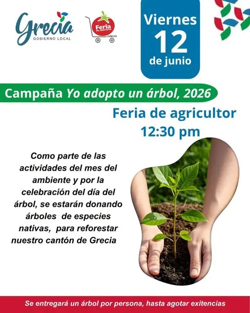 Que hacer hoy en Costa Rica: Participa en la campaña Yo Adopto un Árbol y recibe gratuitamente una especie nativa para contribuir a la reforestación del cantón de Grecia.