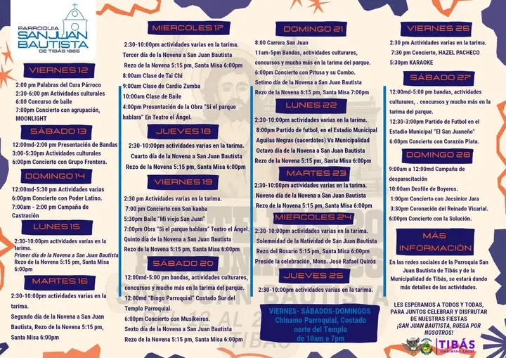 Que hacer hoy en Costa Rica: Disfruta de conciertos, mascaradas, desfile de boyeros, actividades culturales, bingos, novenas y tradiciones durante los Festejos Patronales de San Juan Bautista en Tibás.