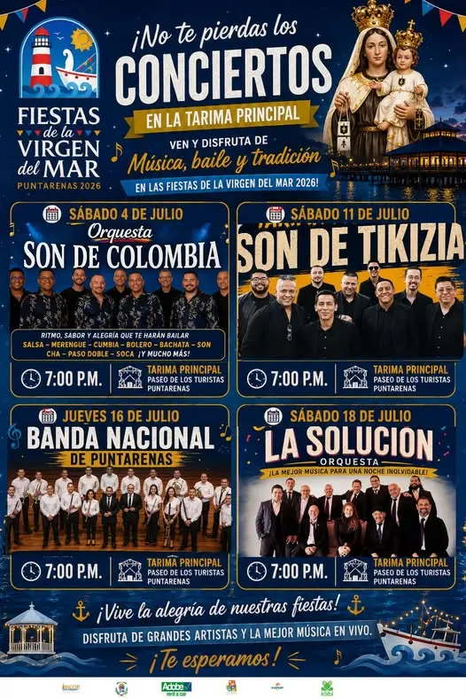 Que hacer hoy en Costa Rica: Disfruta de cuatro noches de música en vivo con reconocidas agrupaciones nacionales durante las Fiestas de la Virgen del Mar 2026 en Puntarenas.