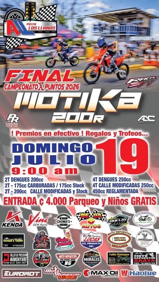Que hacer hoy en Costa Rica: Vive la gran final del campeonato por puntos de piques de motos 2026 con competencias, premiaciones, trofeos y emoción sobre dos ruedas.