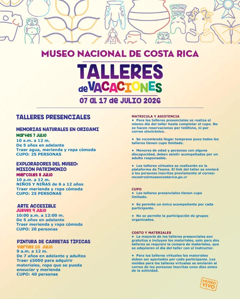 Que hacer hoy en Costa Rica: Disfrutá talleres creativos y educativos para niños, jóvenes y adultos durante las vacaciones.
