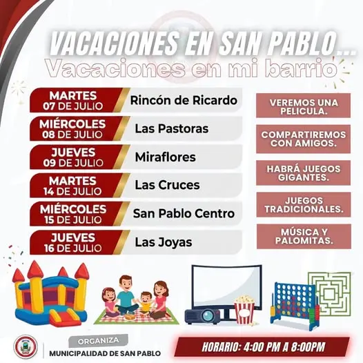 Que hacer hoy en Costa Rica: Tardes de película, juegos gigantes, música y palomitas para niños y familias en distintas comunidades de San Pablo.