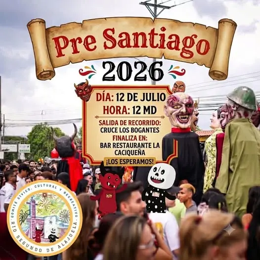 Que hacer hoy en Costa Rica: Disfrutá el recorrido festivo del Pre Santiago con máscaras, comparsas y ambiente de turno por Río Segundo.