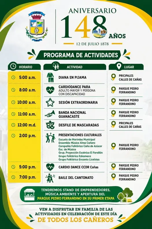 Que hacer hoy en Costa Rica: Celebrá el aniversario 148 de Cañas con música, mascaradas, baile y actividades para toda la familia.